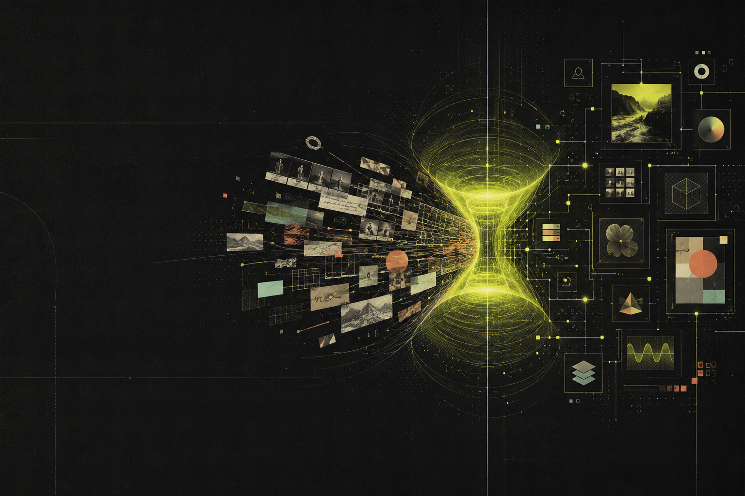 Creative materials flowing through a luminous system into organized digital assets